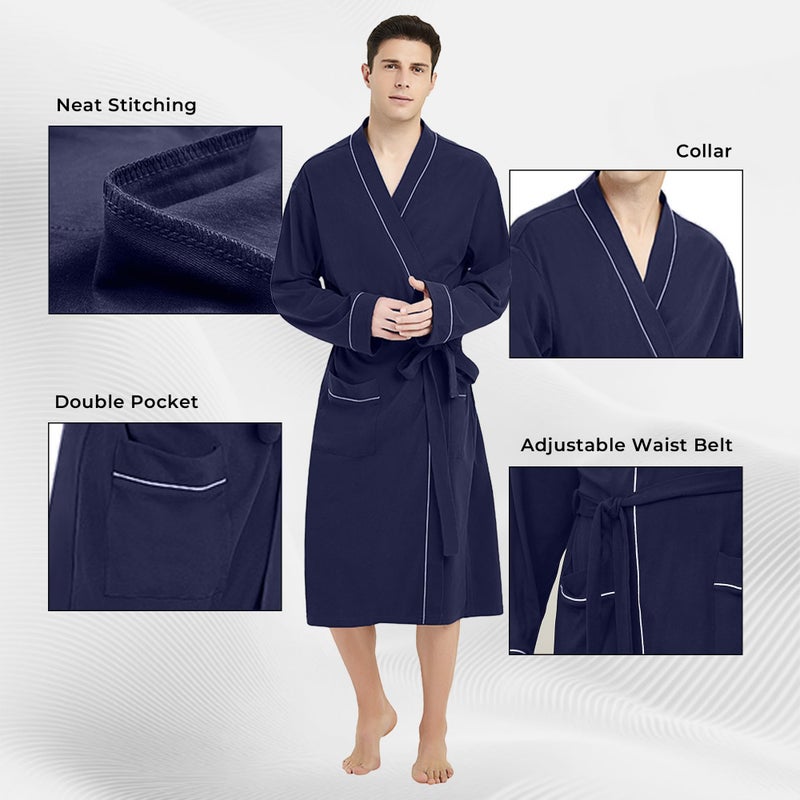U2SKIIN Mens 100% Cotton Robe Lightweight Knit Bathrobe(Navy Blue, L/XL) - Image 3
